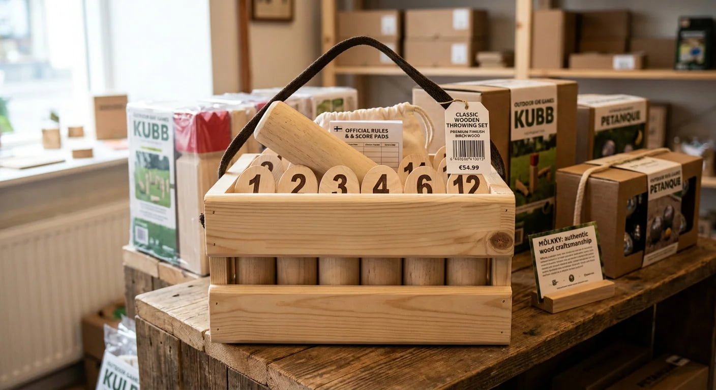 Finished branded Mölkky set ready for retail