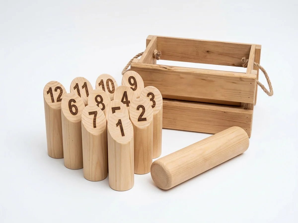 Premium wooden Molkky set arranged on grass