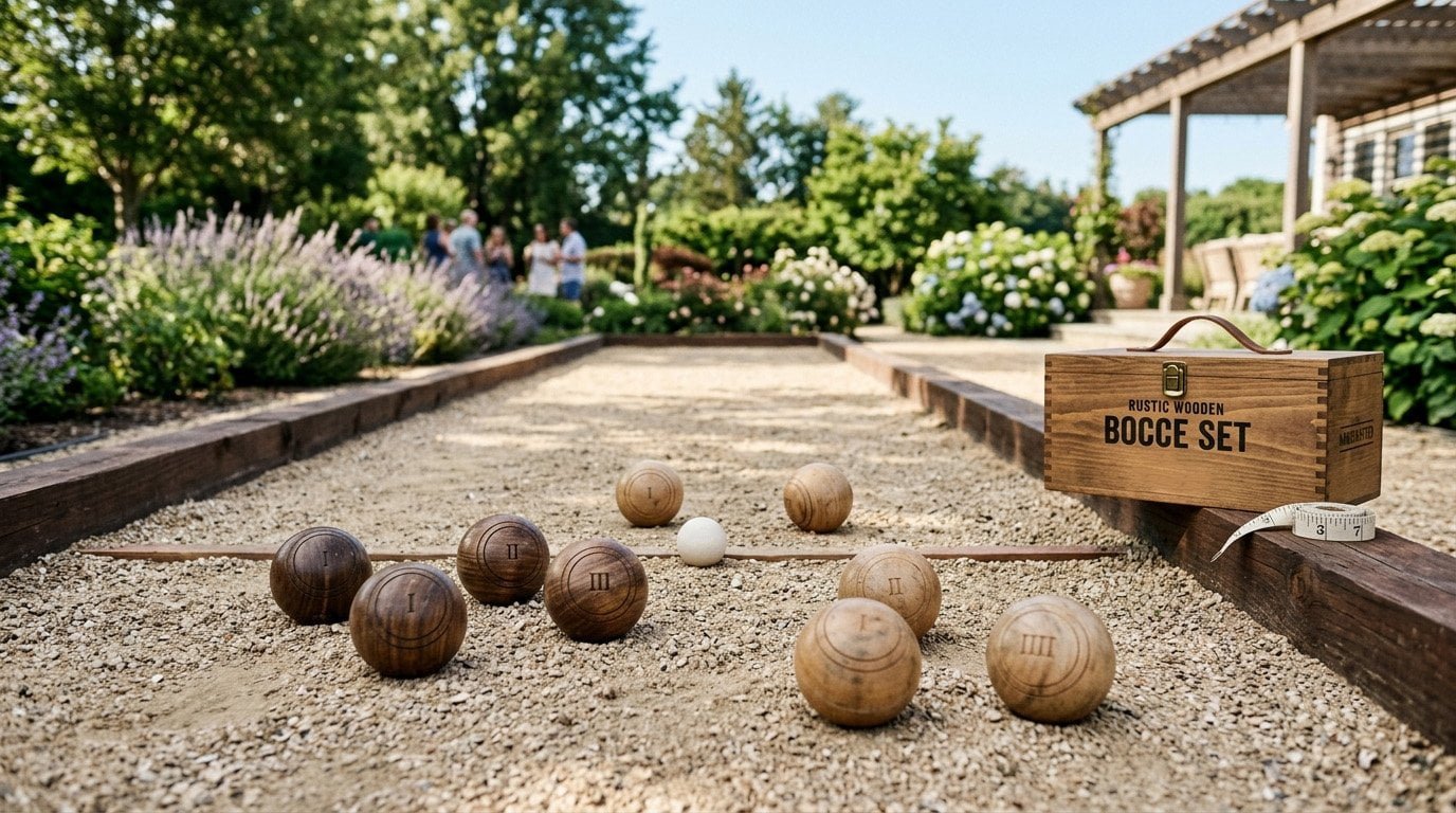 Luxury wooden bocce ball set in a grassy setting